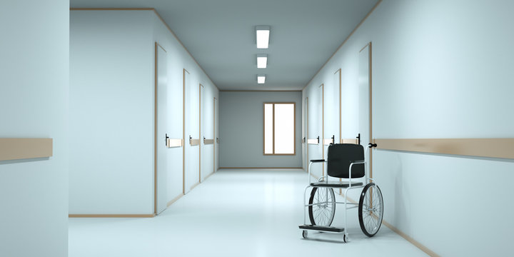Wheelchair standing in an empty hospital corridor. 3d render
