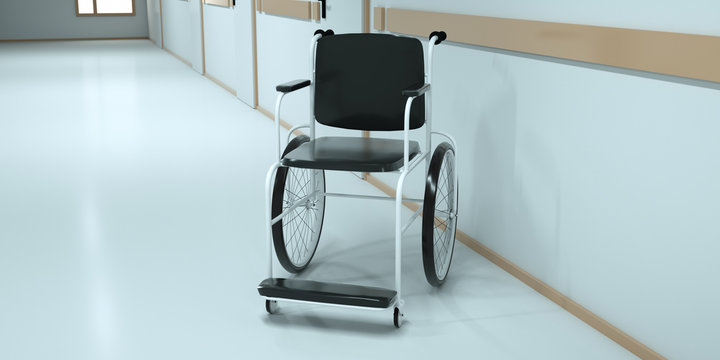 Wheelchair standing in an empty hospital corridor. 3d render