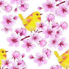 Watercolor seamless pattern with  cherry blossom branches and yellow birds. Element for design.