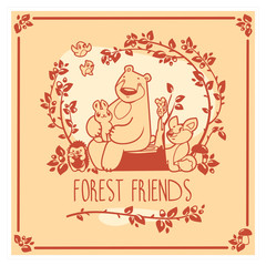 Vector greeting card with cute rabbit, bird, hedgehog, mouse, fox and bear. Invitation design.