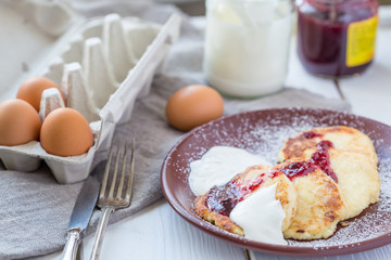 Cottage Cheese Pancakes, Homemade Traditional Ukrainian and Russian Syrniki using for Wallpaper, Selective Focus, Horizontal View