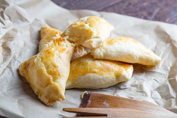 Russian Pies with Meat, Cabbage and Cheese on Dark Wooden Background