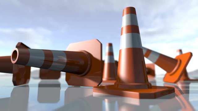 Animated falling traffic cone pilons. 3D rendering 4K