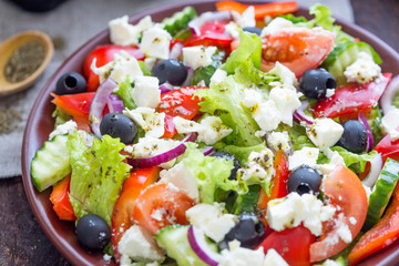 Homemade Tasty Greek Salad with Fresh Vegetables, Feta Cheese and Black Olives, Horizontal View