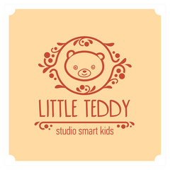 Kids club logo with teddy bear. Cute kindergarten sign.