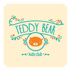 Kids club logo with teddy bear. Cute kindergarten sign.