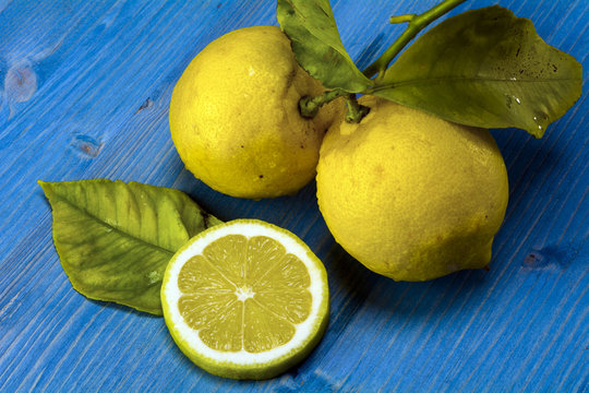 Lemons on a blue wood / Acid and yellow fruit. Lemons on a blue wood, stock photo