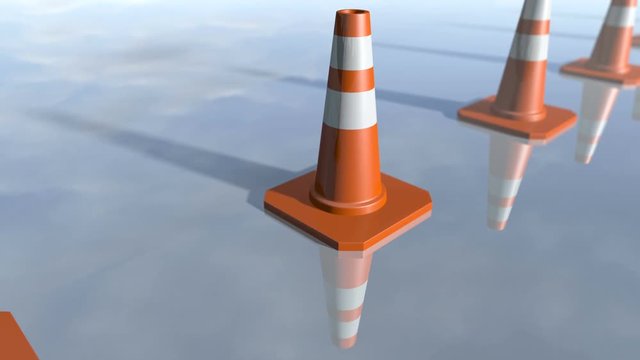 Animated traffic cone pilons in a row. 3D rendering 4K