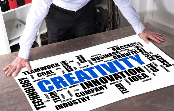 Creativity word cloud concept on a desk