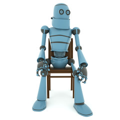 Tired robot has a rest sitting in the chair and crossed his legs, 3d render