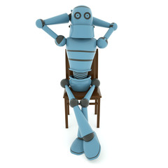 Tired robot has a rest sitting in the chair and crossed his legs, 3d render