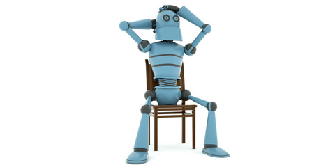 Tired robot has a rest sitting in the chair and crossed his legs, 3d render