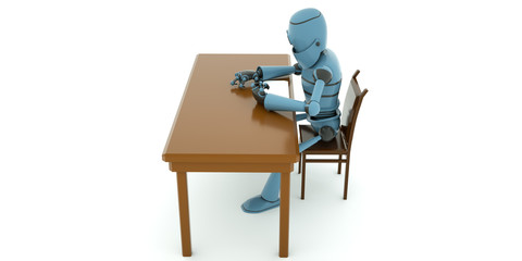 Robot reads any documents sitting at the table, front view, 3d render