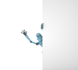 Happy robot waving his hand from the corner of the wall, 3d render