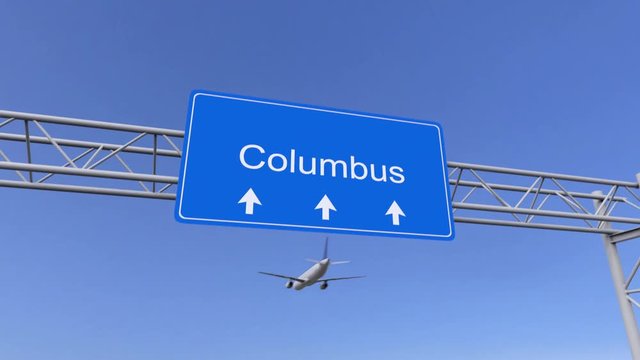 Commercial airplane arriving to Columbus airport. Travelling to United States conceptual 4K animation