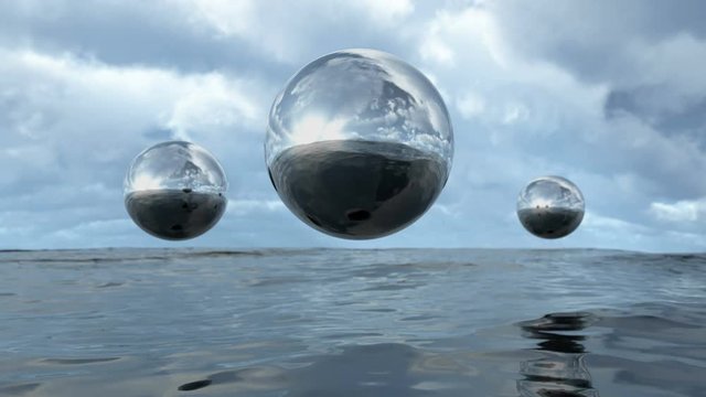 Animated abstract liquid transparent sphere above water in puzzle pattern. 3D rendering 4K