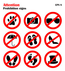 Prohibition sign icons collection, set of vector illustration isolated on white. Red forbidden circle