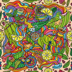 fantasy on the theme of tea .Cartoon vector  tea time seamless pattern. Sketchy background