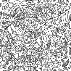 fantasy on the theme of tea. Cartoon vector  tea time seamless pattern. Sketchy background
