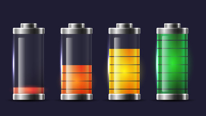 Set of various types of transparent batteries charge. Vector element for mobile phone interface, elements of the site and your design