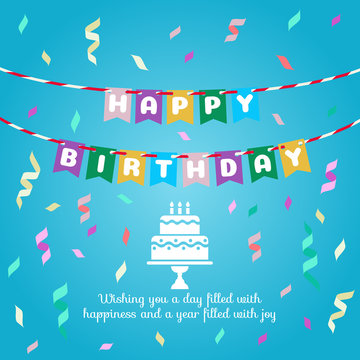 Happy birthday - flag and cake sign and ribbon party on blue background vector design