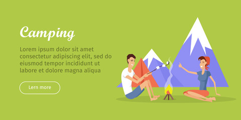 Camping Tent Near Fire and Mountains. Happy Couple