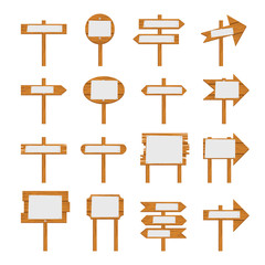 Wooden signboards, wood arrow sign. Wooden icon set isolated on white background