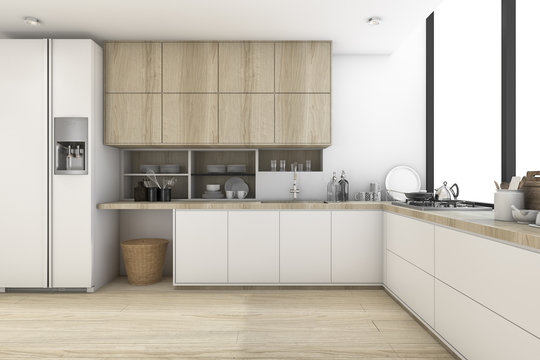 3d Rendering Scandinavian Kitchen With White Wood Design