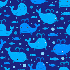 Cartoon marine seamless pattern with whales and fishes