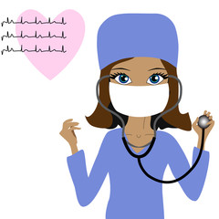 woman medic in a mask with a stethoscope in her hand on a background of the cardiogram