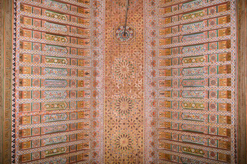 A painted wooden ceiling of the Bahia Palace in Marrakesh