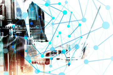 Double exposure of businessman using mobile or smart phone on the world map  with digital social media network diagram concept