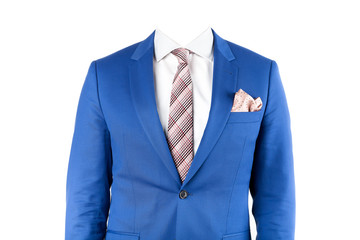 Template of male portrait. Headless man dressed in blue classic suit with white shirt, colorful tie and shawl in the pocket. Isolated on the white background with clipping path.
