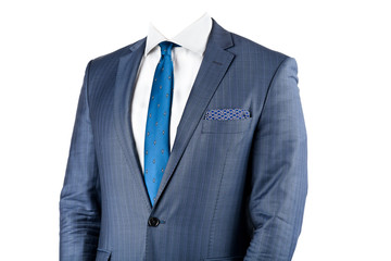 Template of male portrait. Headless man dressed in dark striped classic suit with white shirt, colorful tie and shawl in the pocket. Isolated on the white background with clipping path.