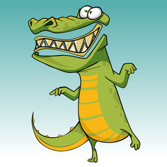 Naklejka premium cartoon funny scary toothy crocodile is standing on one leg