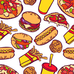 Seamless background with various fast food. Hand-drawn illustration. Fast food background.
