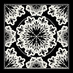 Black Bandana Print. Vector ornamental tile pattern with border and frame