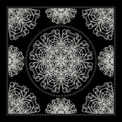 Black Bandana Print. Vector ornamental tile pattern with border and frame