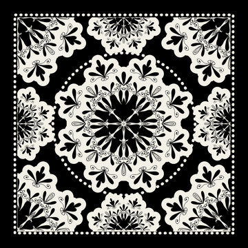 Black Bandana Print. Vector ornamental tile pattern with border and frame