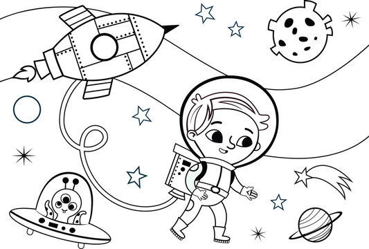 Astronaut Boy Coloring Page (Vector illustration)