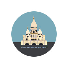 Basilica of the sacred heart. Vector illustration, icon, round shape.