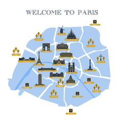 Fototapeta premium Detailed vector map of the city of Paris with pictograms attractions.