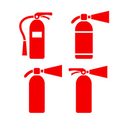 Red fire extinguisher vector icon set - obrazy, fototapety, plakaty