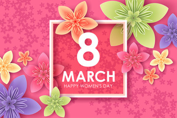 8 March holiday. Origami Greeting card with paper Flowers. International Happy Women's Day. Vector eps10
