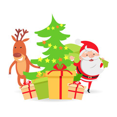 Santa Claus and Deer near Decorated X-mas Tree