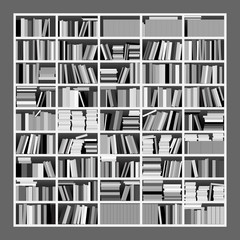 Vector Illustration of a Big Untidy Bookshelf in Gray Scale