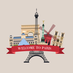 Welcome to Paris. The famous sights. Vector illustration. - obrazy, fototapety, plakaty