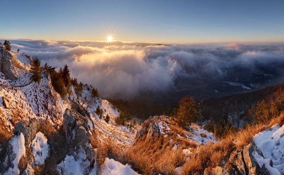 Frosty sunset panorama in beauty mountains