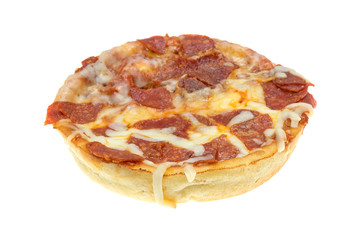 Personal size pepperoni pizza on a white background.