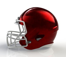 Red brushed galvanized american football helmet side view on a white background with detailed clipping path, 3D rendering